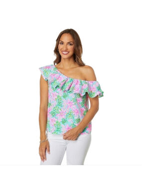 Lilly Pulitzer Zeldie One Shoulder Ruffle Top Surf Blue So Shellegant Sz S